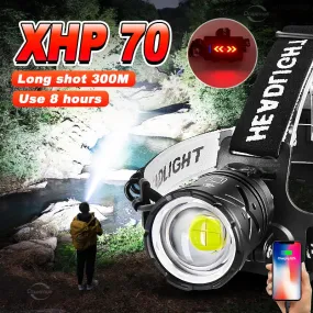 2023 The Most Powerful XHP70 LED Headlamp White Light Camping Headlight Zoomable 3*18650 USB Rechargeable Portable Head Lantern