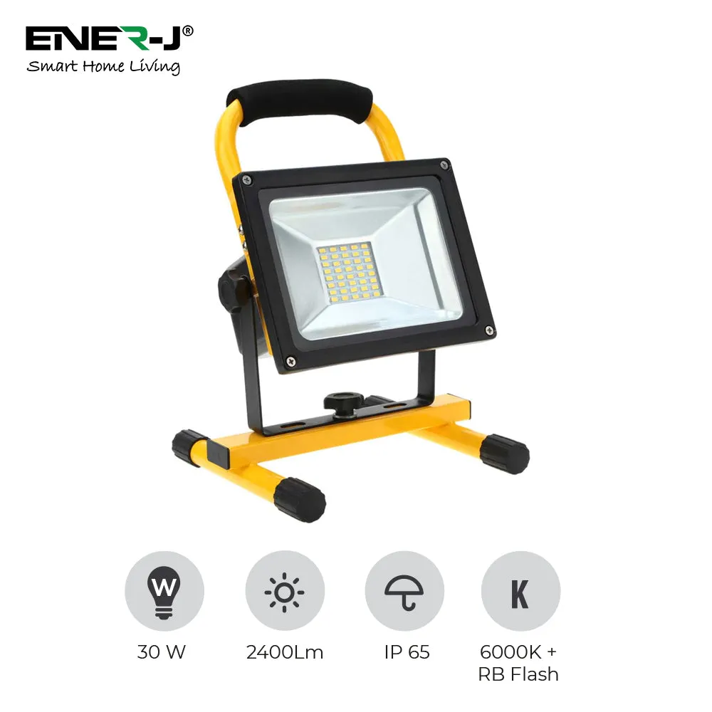 30W Rechargeable LED Floodlight, 2400 Lumens, 7.4V 2200mAh, UK Wall Charger, 6000K   R B Flash, IP65 Waterproof