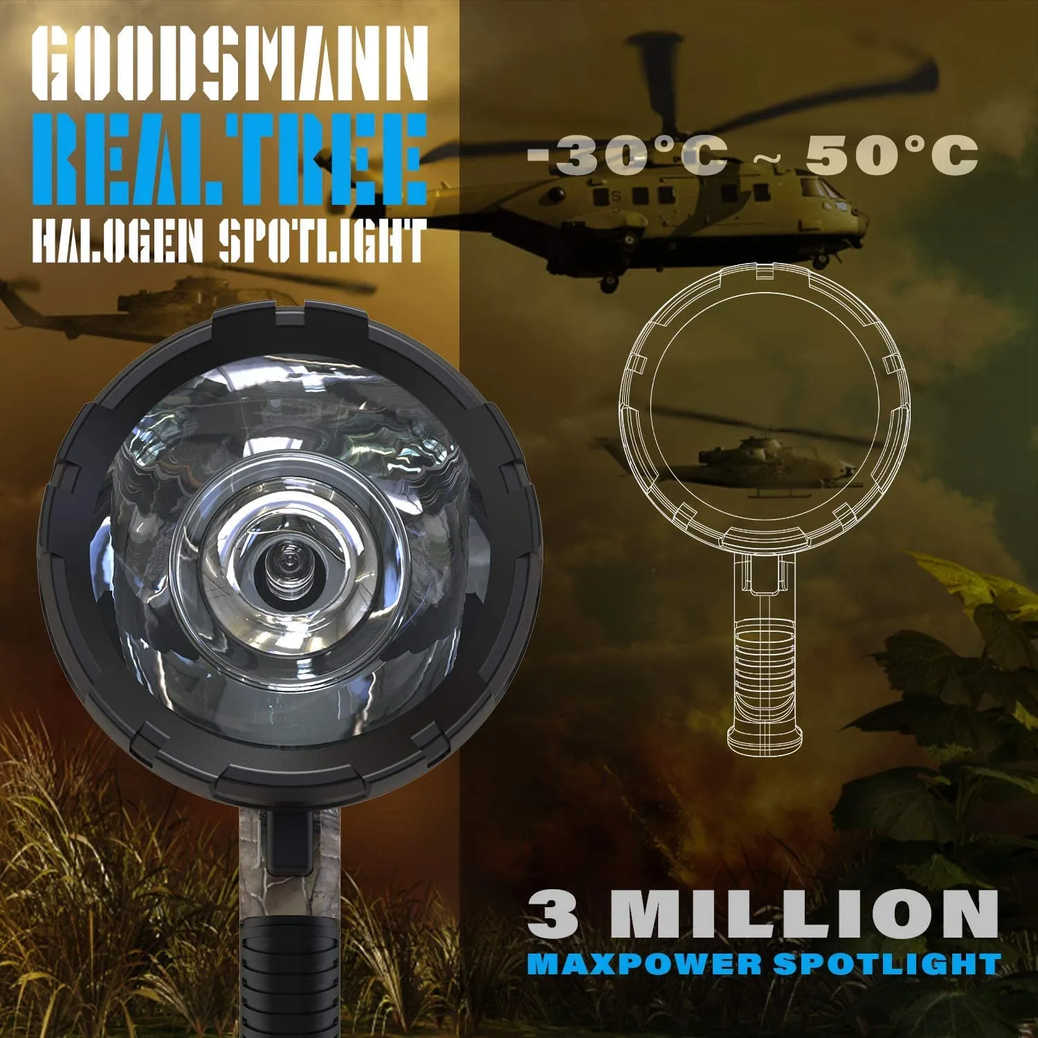 GOODSMANN Spotlight Camo Hunting Spot Lights 12 Volt Marine Spotlight Tacticpro 1500 Lumen Halogen Boat Spotlighting 9924-H102-01