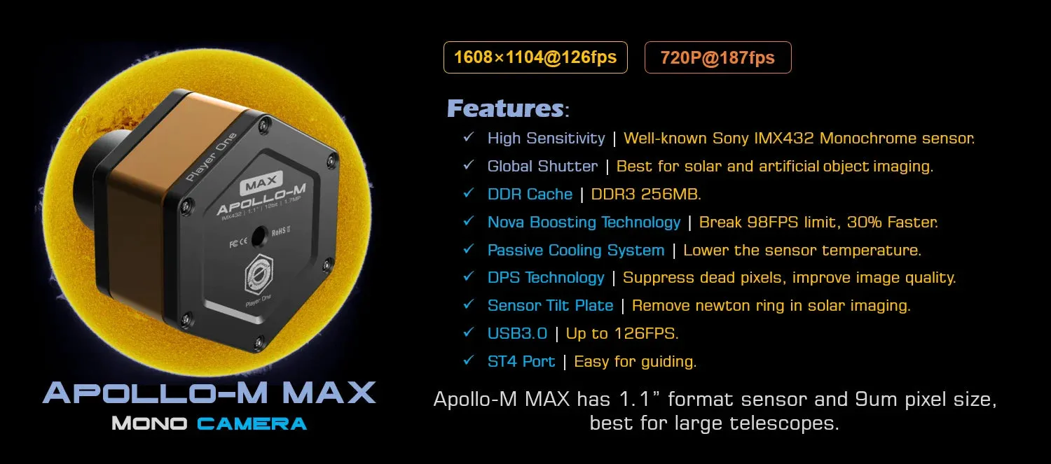 Player One Apollo-M MAX USB3.0 Mono Camera IMX432 (Apollo-M MAX)